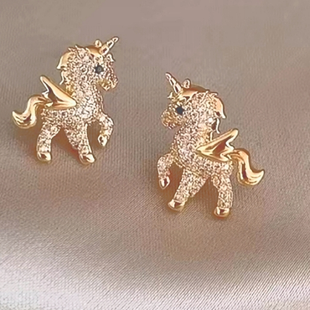 Unicorn Rhinestone Stud Earrings Gold NEW